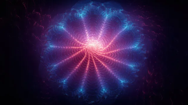 Symmetrical blue and pink fractal spiral rays radiate from a luminous center on a dark background.