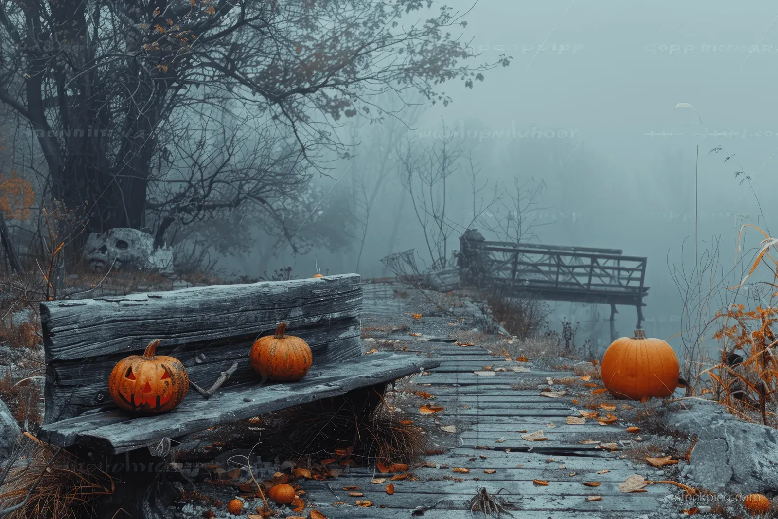 Misty fog covers a wooden boardwalk where pumpkins sit on a weathered bench beside an abandoned bridge.