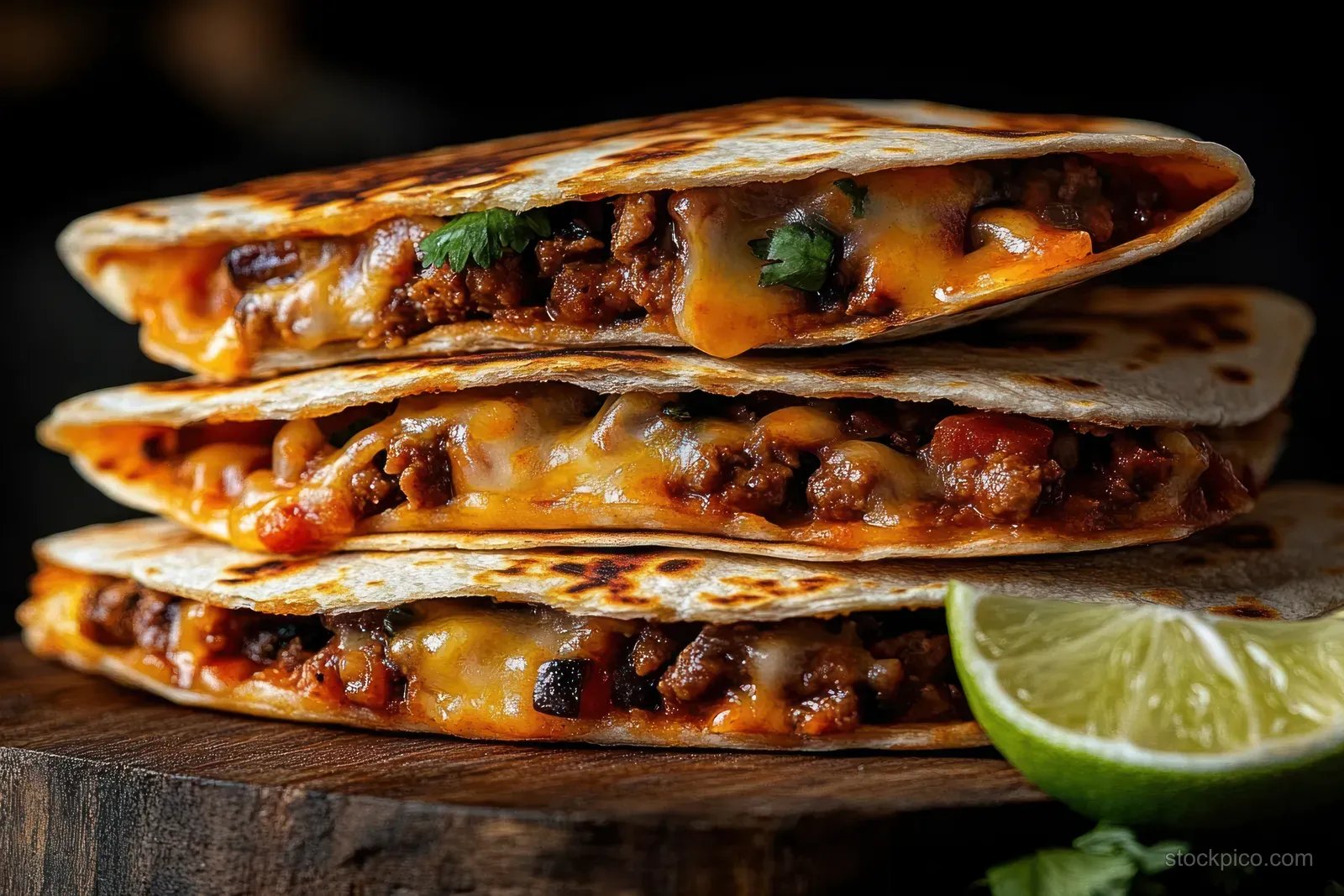 Stack of grilled quesadillas with melted cheese and seasoned meat, topped with herbs beside a lime wedge on wood.