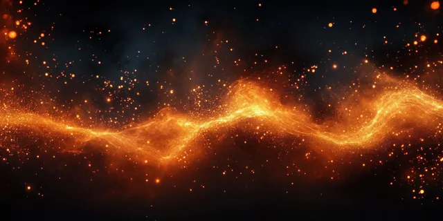 Glowing orange ember sparks swirl across dark abstract energy wave background