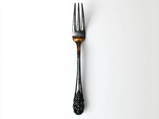 Tarnished antique fork with an ornate handle and three prongs on a plain white background.