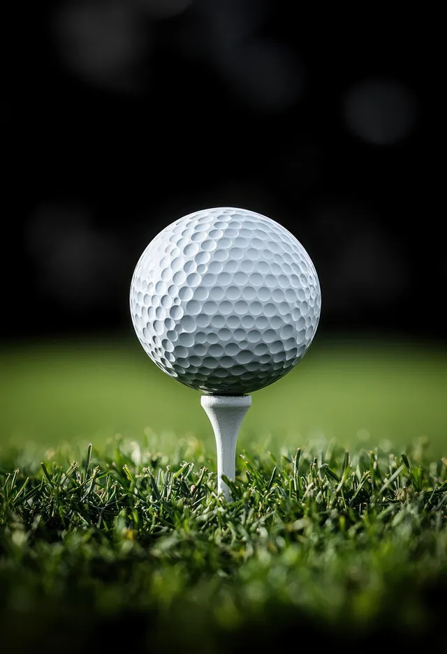 White golf ball on a tee in green grass with a dark blurred background behind it.