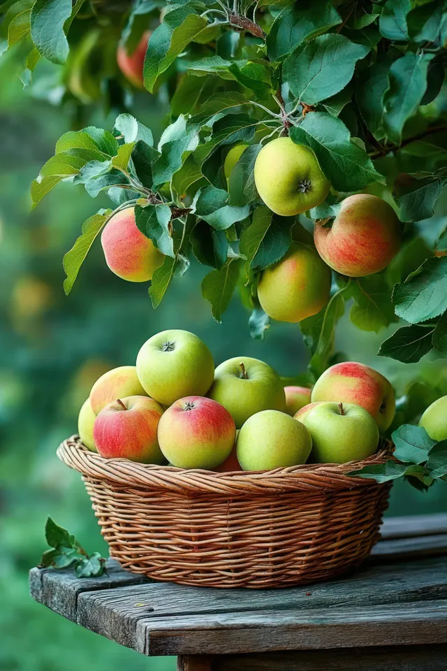 A basket of red and green apples sits on a wooden surface under leafy apple tree branches.
