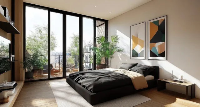Minimalist bedroom with a black bed, geometric wall art, and sunlight from large floor-to-ceiling windows.