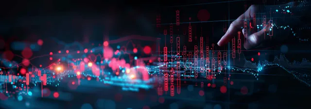 Digital stock market chart with rising data and pointing hand
