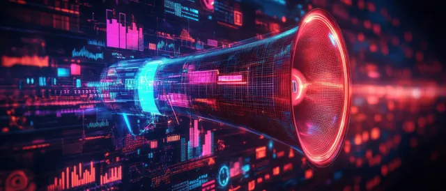 A red wireframe megaphone emits neon marketing signals over a futuristic cyber city data grid.