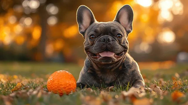 French bulldog lying on green grass with an orange ball at golden-hour sunset park