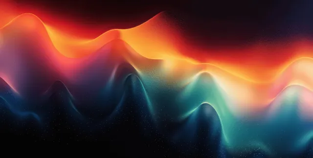 Psychedelic teal orange white wave ribbon with glow on black background for music banner