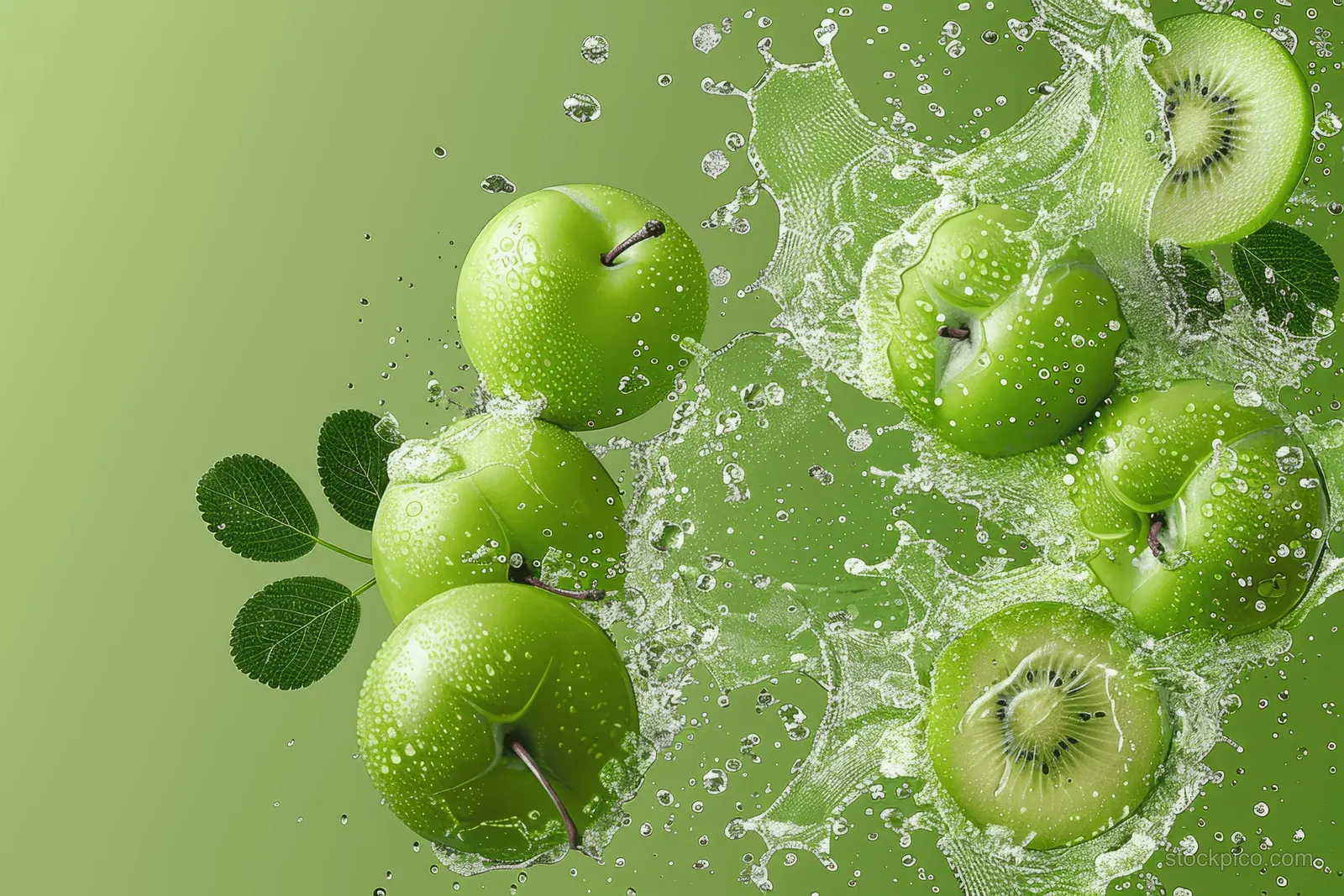 Sliced Indian gooseberry and aloe leaves surrounded by water splashes on a light green background.