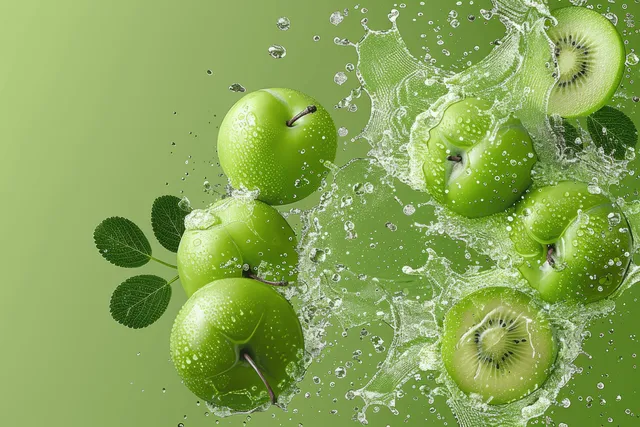 Sliced Indian gooseberry with aloe leaves and water splashes on light green background