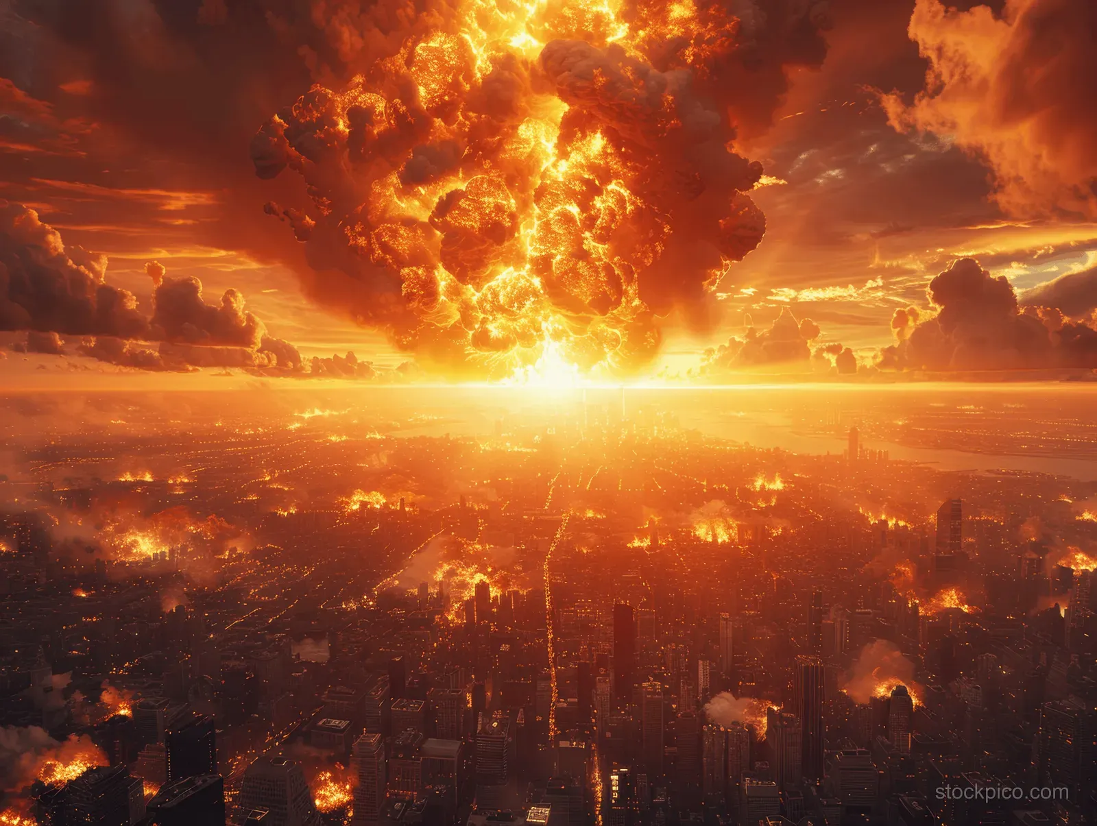 A nuclear blast fireball and mushroom cloud erupt over a burning city under orange smoke-filled sky.