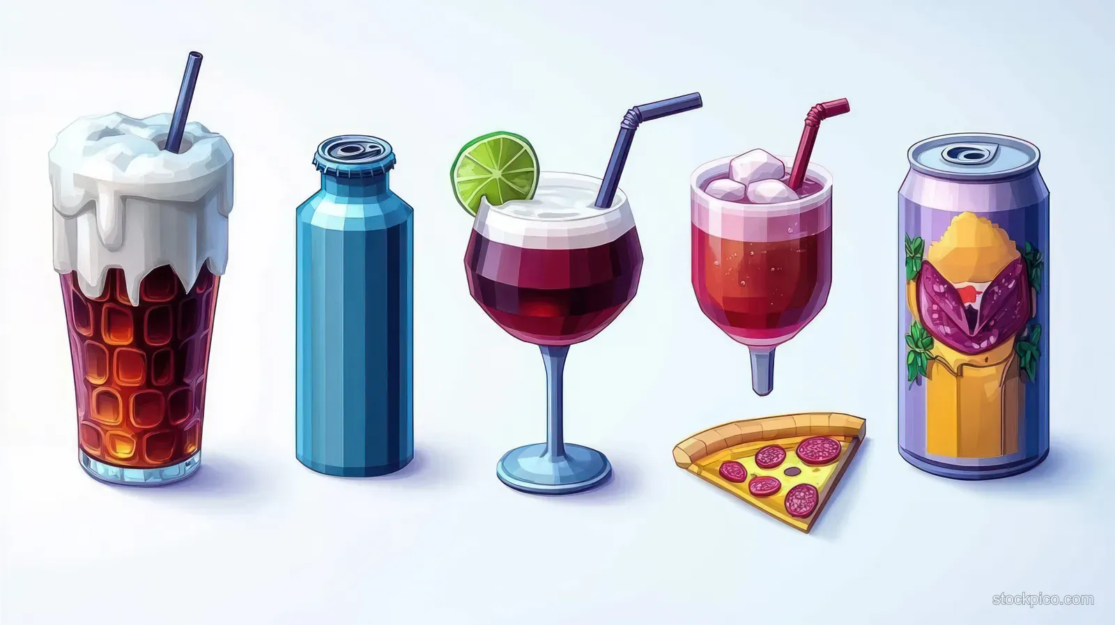 Illustrated set of fizzy drinks, cocktails, a bottled drink, a fruit-themed can, and a pizza slice on white background.