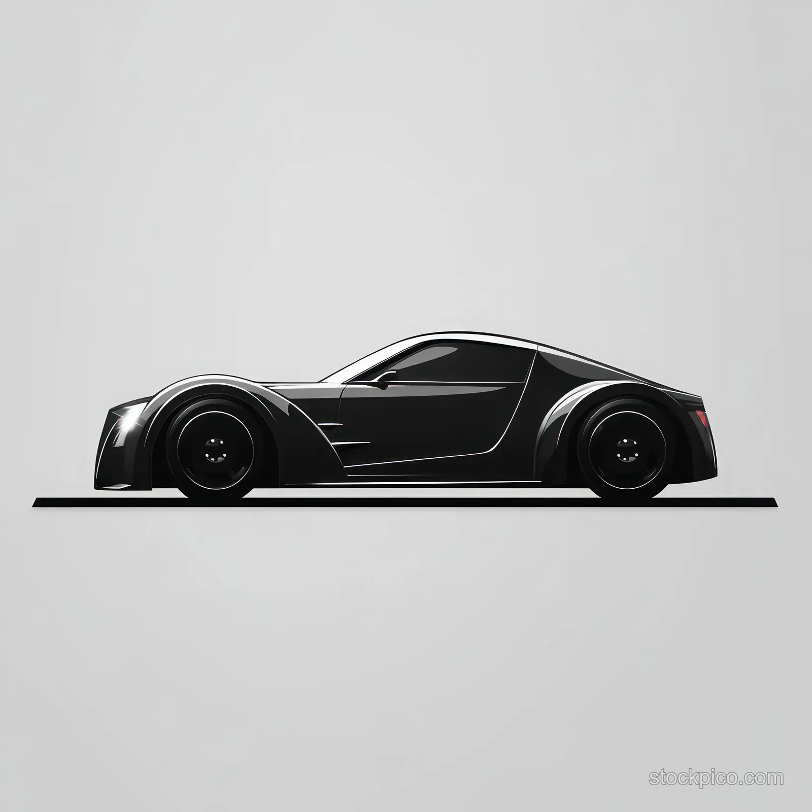 Black sports car shown in side profile on a neutral gray studio background with tinted windows and aerodynamic body curves.