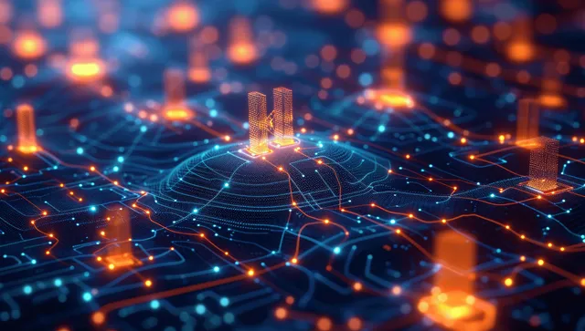 Glowing authentication nodes connect encrypted data paths across a dark digital network grid.