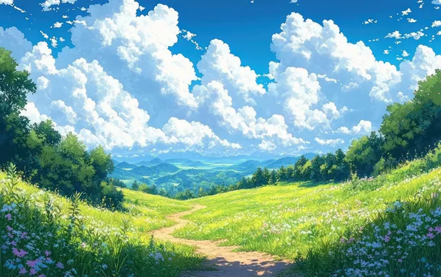 Winding dirt trail through wildflower meadow under bright clouds with distant mountain ridges