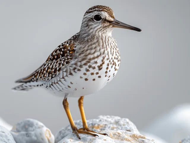 White-tailed wood sandpiper perched on a small rock, isolated against soft light background