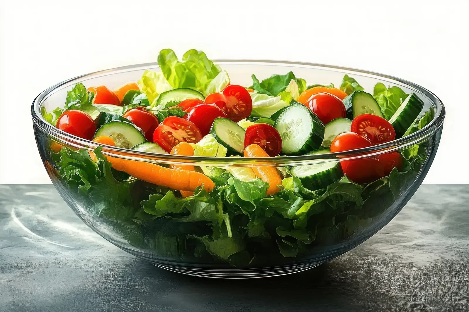 Glass bowl of garden salad with lettuce, cherry tomatoes, cucumber slices, and baby carrots on a reflective surface.