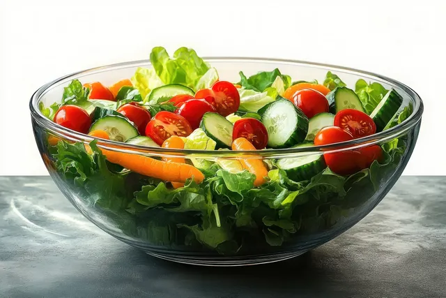 Glass bowl of garden salad with lettuce, cherry tomatoes, cucumber slices, and baby carrots on a reflective surface.