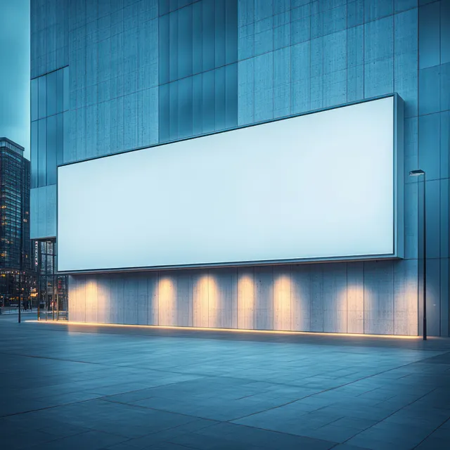 An empty horizontal billboard on a modern building exterior at dusk with blue city reflections.
