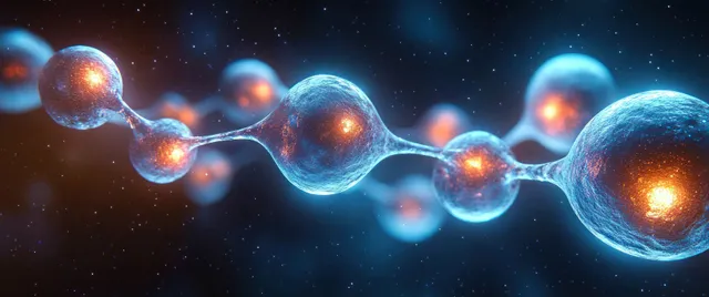 Glowing molecular chain with blue and orange atoms connected by thin bonds in darkness