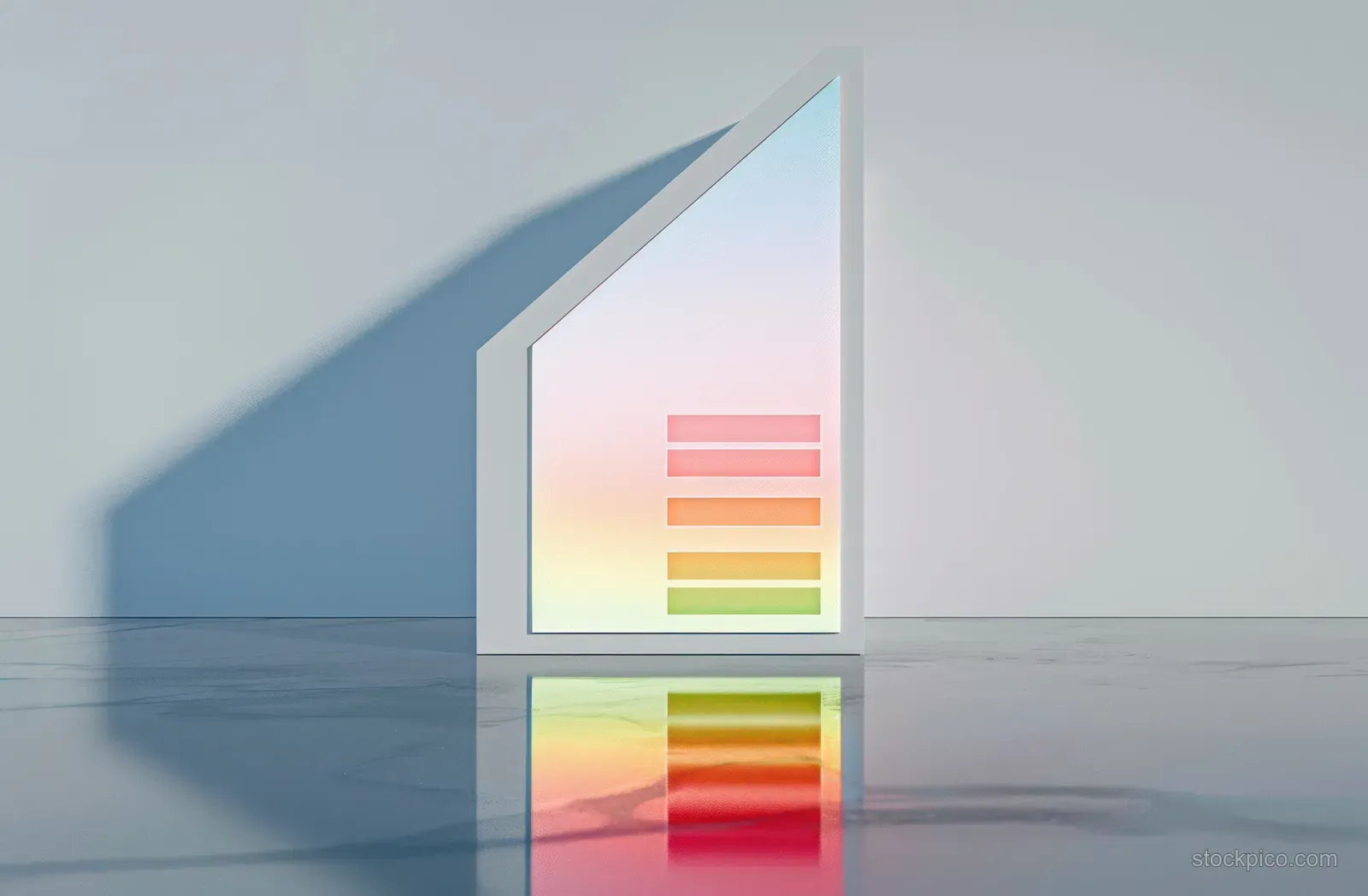 A white geometric wedge sits on a reflective floor, casting a sharp shadow beside colorful horizontal gradient bars.