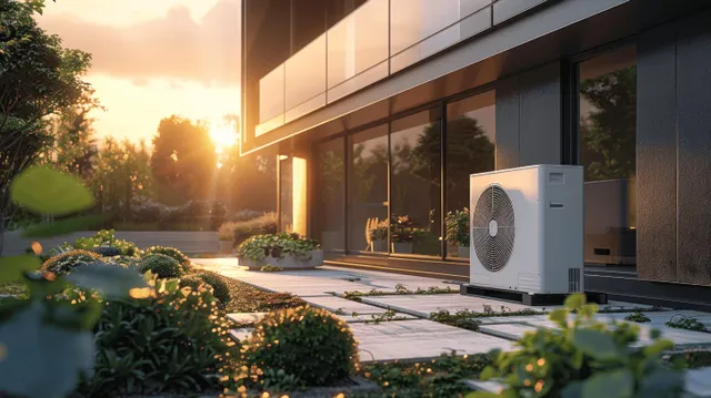 An outdoor air source heat pump unit is mounted beside a modern house during golden-hour sunlight.