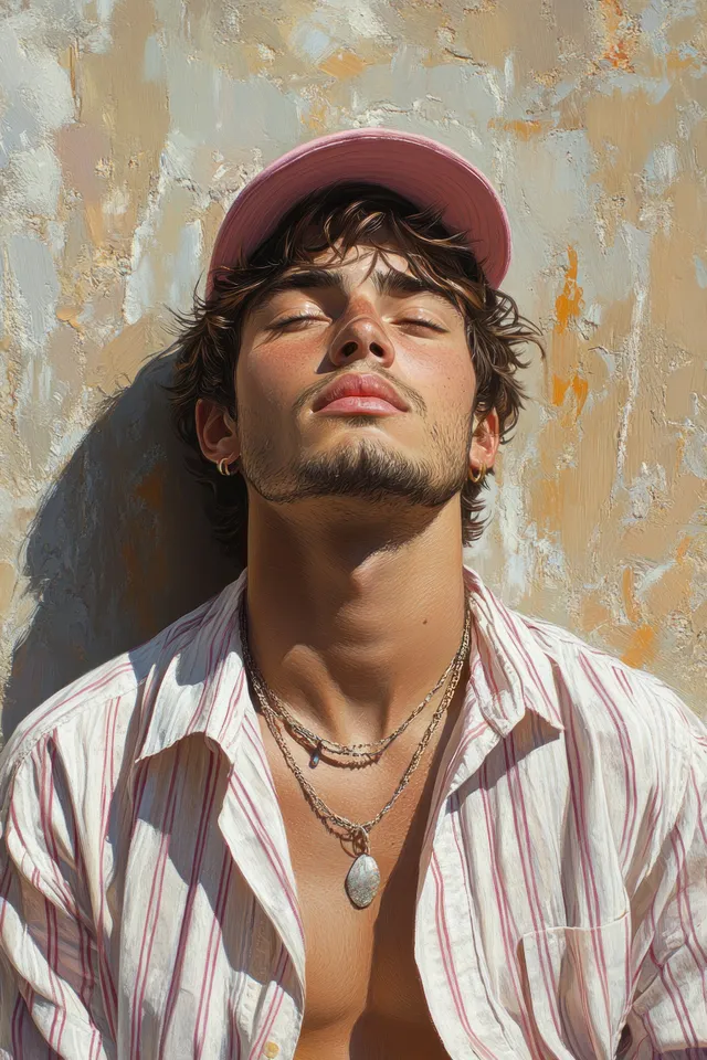Man in pink cap relaxing in sunlit portrait against textured wall