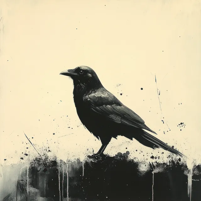 A black crow ink-wash illustration perched on a dark ink block with scattered splatters on a light background.