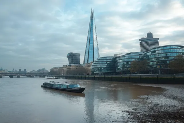 A moored ferry floats in a river beside a glass skyscraper and curved office buildings under cloudy skies.