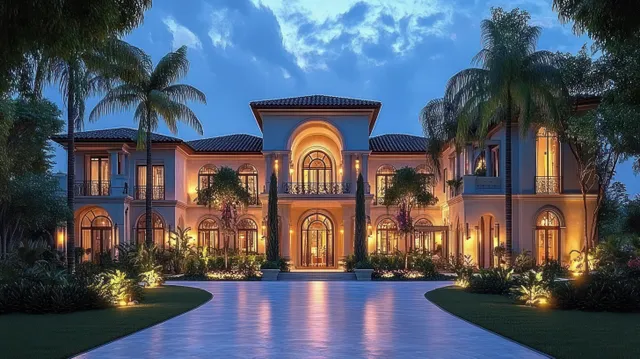 Two-story mansion lit at dusk with arched windows, warm lights, palm trees, and a landscaped driveway by water.