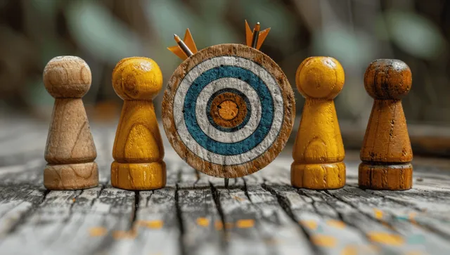 Team wooden pawns aiming at a dartboard bullseye with an arrow for success