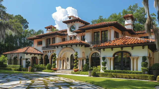 White Spanish Colonial mansion exterior with arched windows, terracotta roof tiles, stone paver driveway, and oak trees.