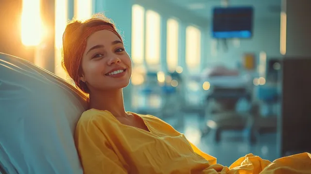 Smiling patient in yellow gown resting in bright hospital room