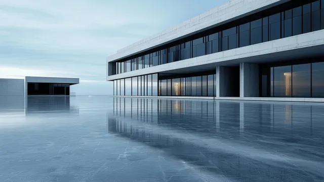 Minimal white glass architecture with three cube volumes and crisp water reflections