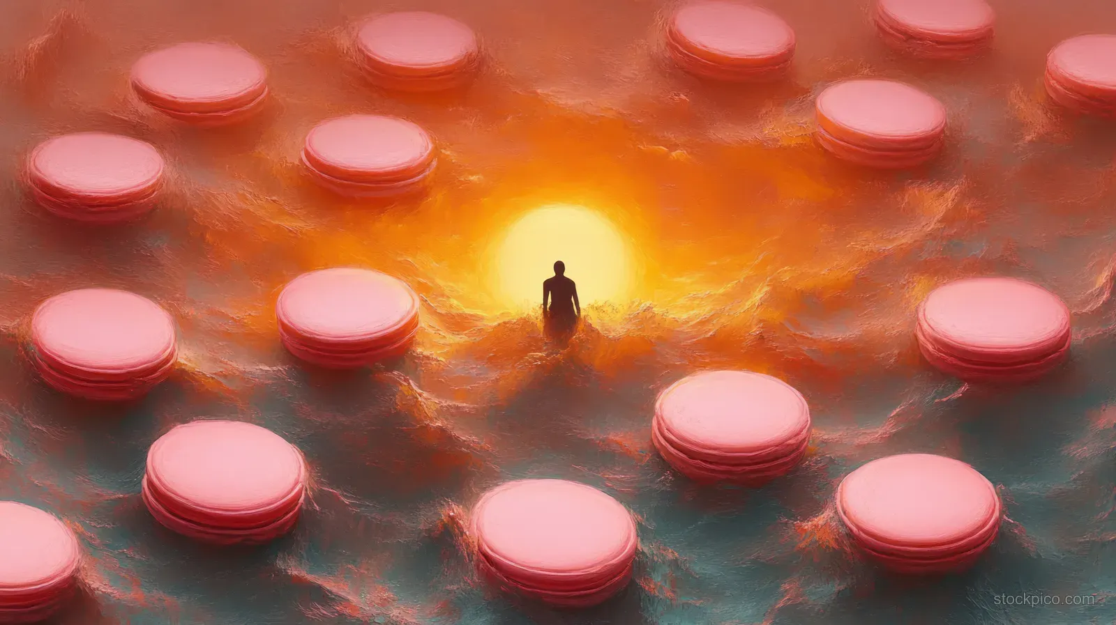 A lone silhouette stands amid floating pink pill shapes under a glowing orange sunset sky.