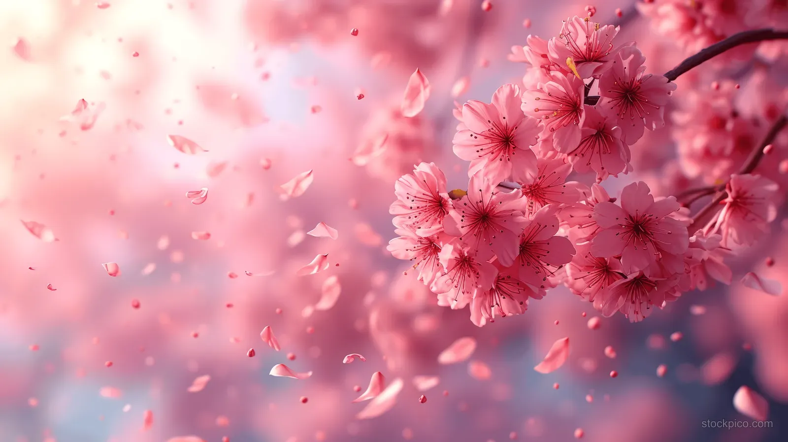 Pink cherry blossom branch with petals drifting across a soft blue spring sky background.