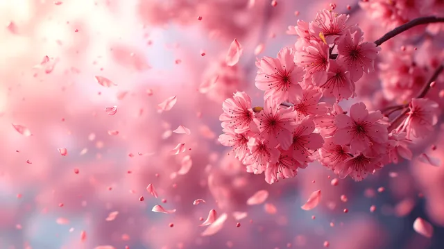 Pink cherry blossom branch with petals drifting across a soft blue spring sky background.