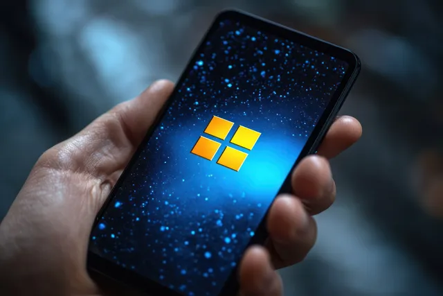 A hand holds a smartphone showing a glowing yellow four-square logo on a starry dark display.