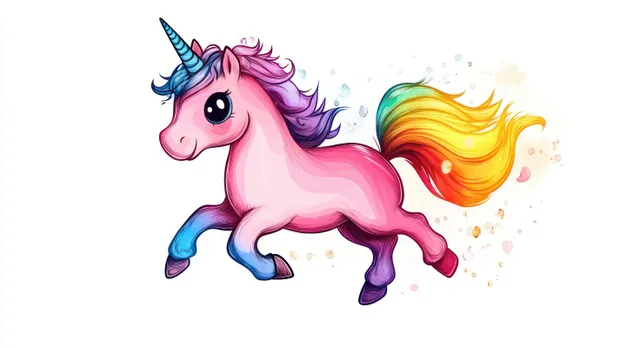 Cute pink unicorn with a blue horn gallops on a white background with colorful rainbow mane splashes.