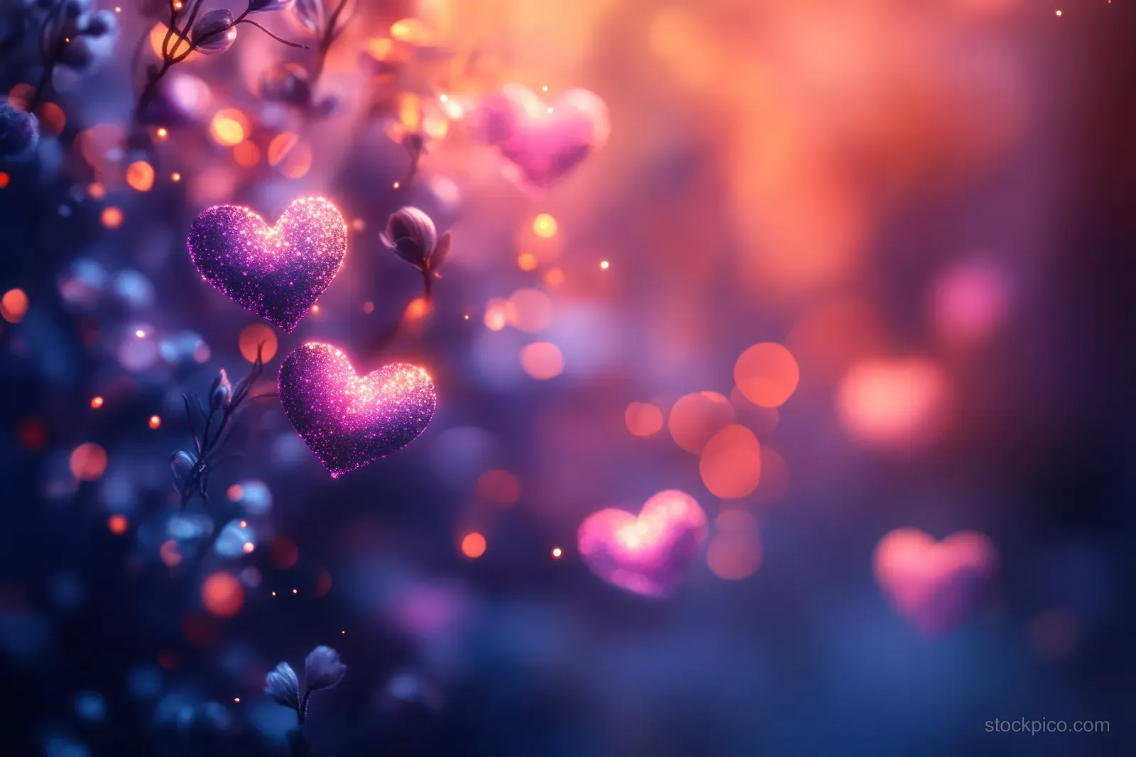 Pink and purple heart balloons float among glowing bokeh lights and soft sparkles.