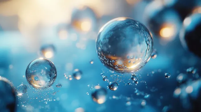 Small and large blue bubbles float in a liquid with glowing droplets and soft molecular-like highlights.