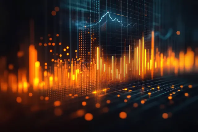 An illuminated upward line and glowing bar chart float over a dark digital grid with orange light particles.