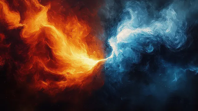 Fiery orange and icy blue abstract forms collide in a high-contrast storm of color