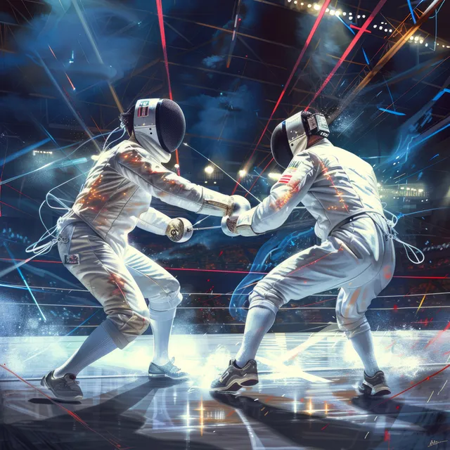 Two epee fencers lunge at each other on an arena piste with bright sparks and dramatic neon light trails.