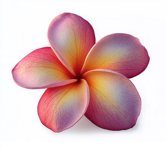 Close-up plumeria flower with five layered pink orange yellow petals and delicate vein texture