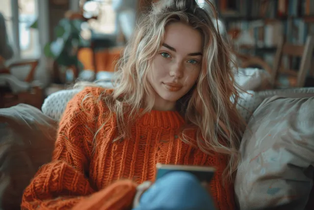 A young woman in a knit sweater lounges on a sofa while looking at her smartphone in a cozy living room.