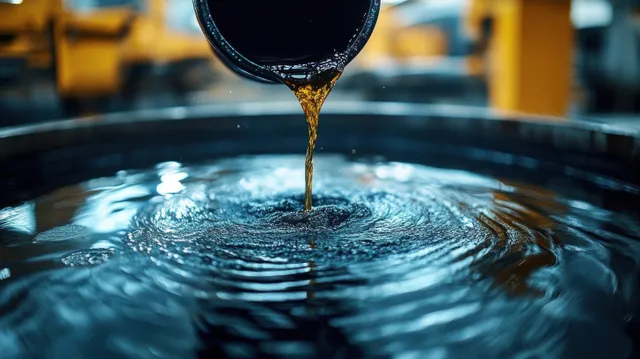 Dark liquid pours into a round water basin, creating ripples and reflective highlights on the surface.