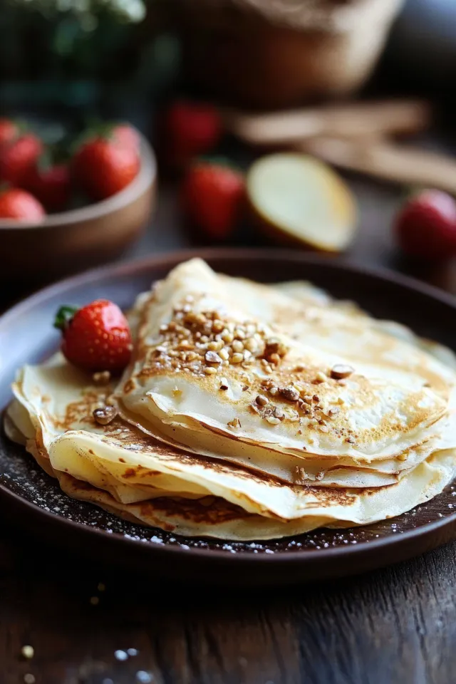 Rustic crepe stacks on dark plate topped with strawberries and chocolate drizzle