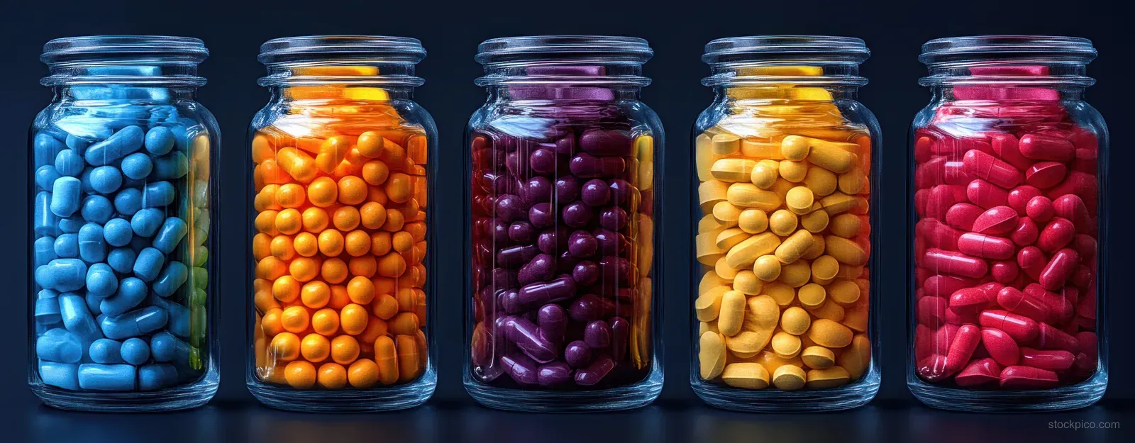 Colorful capsule-filled glass jars arranged in a row under soft diffused light on a dark background.