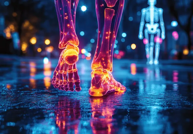 Neon glowing femur bones and ankles appear above a reflective floor with a blurred skeleton silhouette in the background.